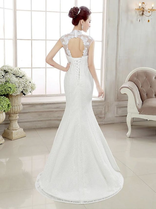 Mermaid \ Trumpet Wedding Dresses High Neck Sweep \ Brush Train Lace Cap Sleeve Sexy Illusion Detail Backless with Beading Appliques 2020 - 