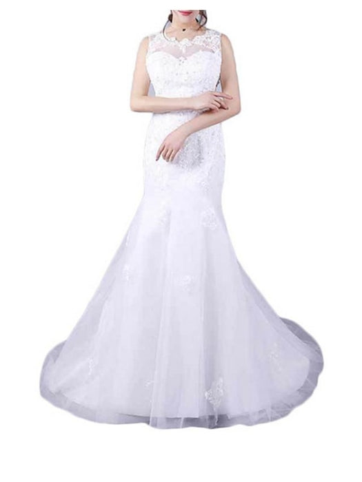 Mermaid \ Trumpet Wedding Dresses Jewel Neck Floor Length Lace Sleeveless Casual Plus Size with Lace Insert 2020 - wedding dresses