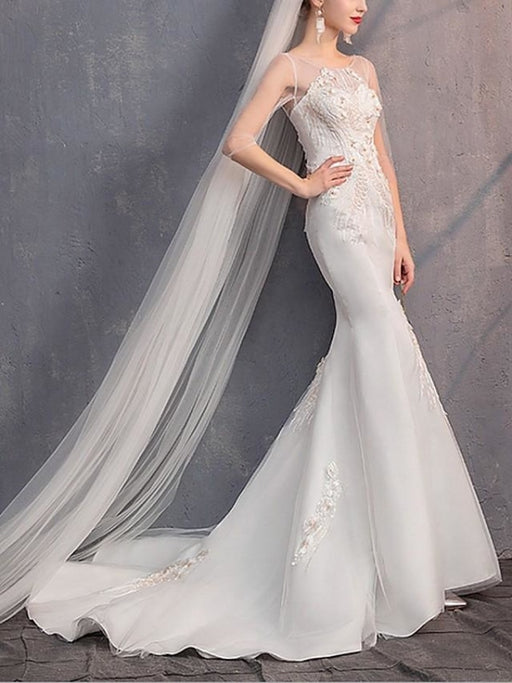 Mermaid \ Trumpet Wedding Dresses Jewel Neck Sweep \ Brush Train Lace Tulle Half Sleeve with Crystals Appliques 2020 - wedding dresses