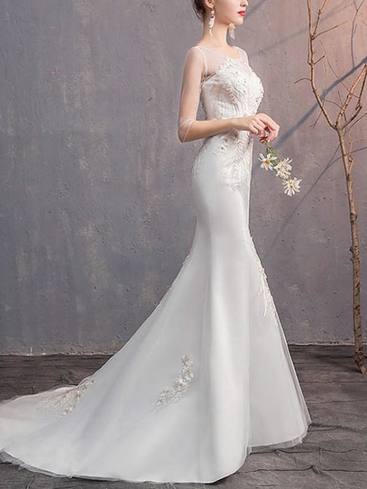 Mermaid \ Trumpet Wedding Dresses Jewel Neck Sweep \ Brush Train Lace Tulle Half Sleeve with Crystals Appliques 2020 - wedding dresses