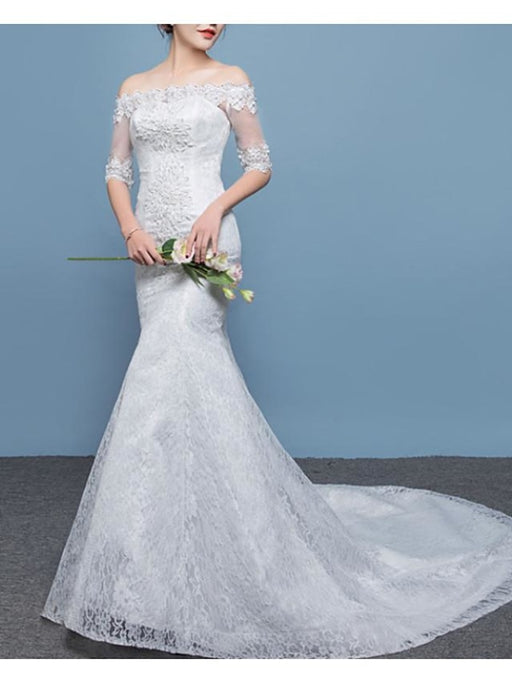 Mermaid \ Trumpet Wedding Dresses Off Shoulder Floor Length Lace Tulle Sleeveless Formal Plus Size with Lace Insert 2020 - wedding dresses