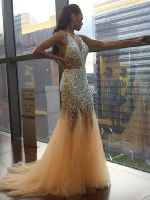 Mermaid Tulle Halter Sleeveless Court Train With Sequin Dresses - Prom Dresses