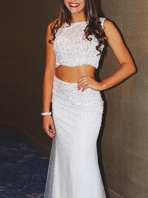 Mermaid Tulle Scoop Sleeveless Floor-Length With Beading Dresses - Prom Dresses