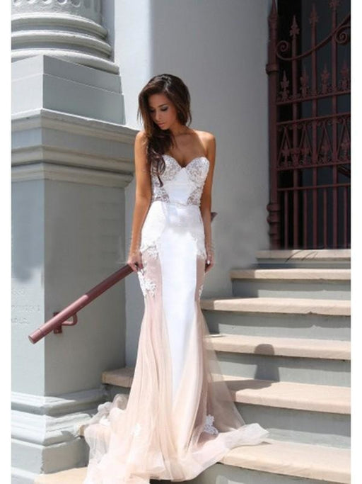 Mermaid Tulle Sweetheart Sleeveless Chapel Train With Applique Dresses - Prom Dresses