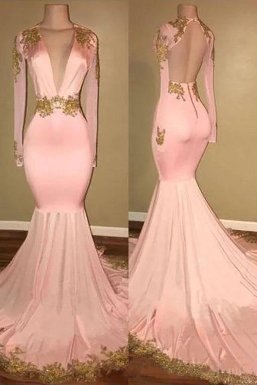 Mermaid V-neck Brush Train Long Sleeves Applique Prom Dresses - Prom Dresses