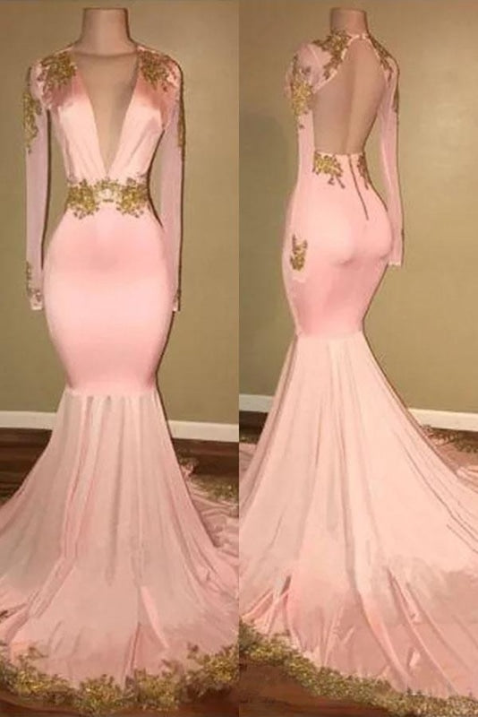 Mermaid V-neck Brush Train Long Sleeves Applique Prom Dresses Backless Senior Dress - Prom Dresses
