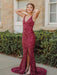Mermaid V Neck Burgundy Sequins Long Prom Dresses, Mermaid Burgundy Formal Dresses, Burgundy Evening Dresses 