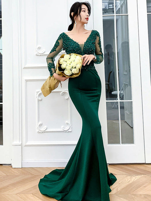 Mermaid V Neck Long Sleeves Beaded Green Long Prom Dresses, Mermaid Gr Bridelily Mermaid V Neck Long Sleeves Beaded Green Long Prom Dresses, Mermaid Gr Bridelily