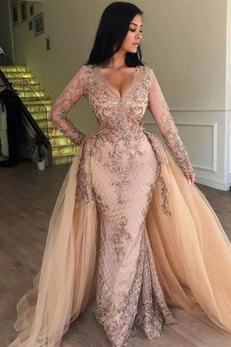 Mermaid V-neck Long Sleeves Prom Dresses with Detachable Skirt Lace Appliques Party Dress - Prom Dresses