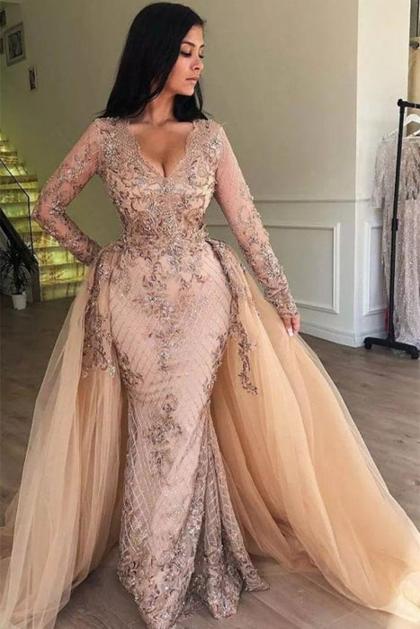Mermaid V-neck Long Sleeves Prom Dresses with Detachable Skirt Lace Appliques Party Dress - Prom Dresses