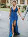 Mermaid V Neck Open Back Blue Sequins Long Prom Dresses, High Slit Mermaid Blue Formal Dresses, Shiny Sequins Blue Evening Dresses 