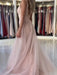 Mermaid V Neck Pink Lace Long Prom Dresses, Mermaid Pink Formal Dresses, Pink Lace Evening Dresses 