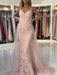 Mermaid V Neck Pink Lace Long Prom Dresses, Mermaid Pink Formal Dresses, Pink Lace Evening Dresses 