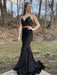 Mermaid V Neck Two Pieces Black Lace Long Prom Dresses, Mermaid Black Formal Dresses, 2 Pieces Black Evening Dresses