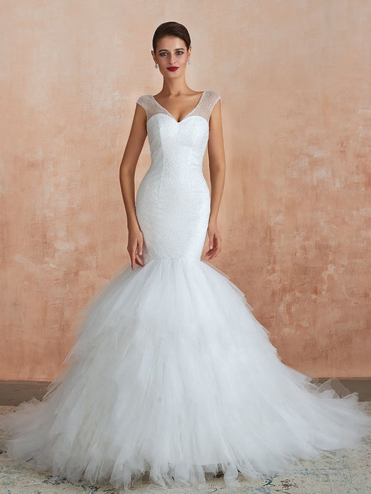 Mermaid Wedding Dress 2021 Beaded V Neck Sleeveless Bridal Gowns With Train