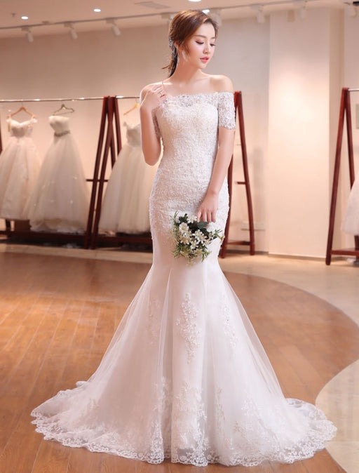 Mermaid Wedding Dresses Lace Beading Off The Shoulder Short Sleeve fishtail Ivory Bridal Gown With Train