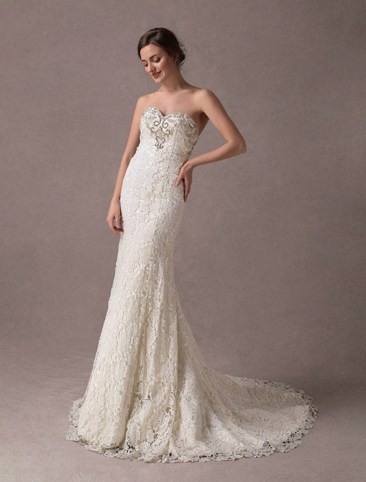 Mermaid Wedding Dresses Lace Strapless Ivory Sweetheart Beaded Bridal Dress With Train