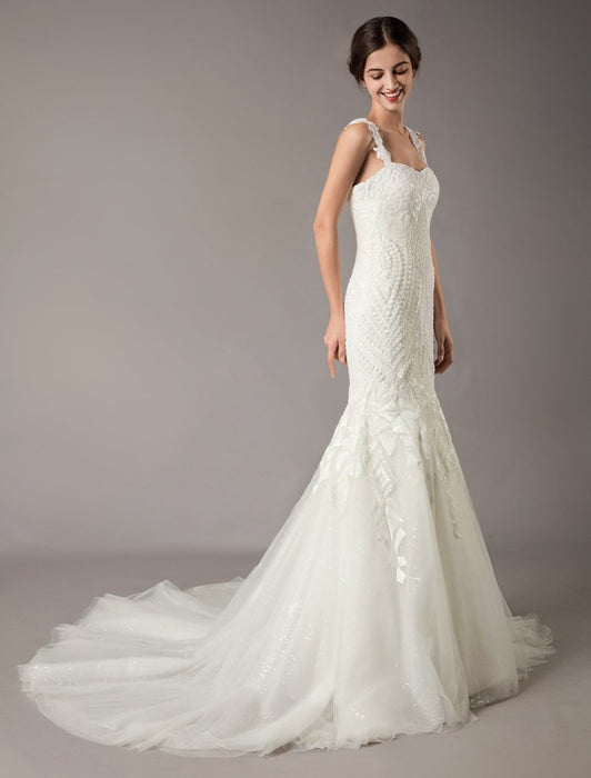 Mermaid Wedding Dresses Luxury Straps Sequin Lace Tulle Chapel Train Bridal Gowns