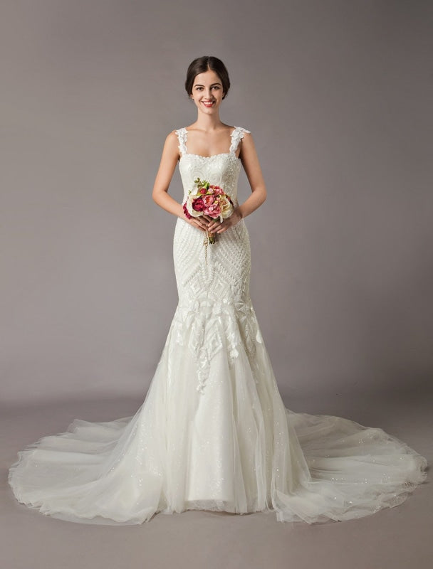 Mermaid Wedding Dresses Luxury Straps Sequin Lace Tulle Chapel Train Bridal Gowns