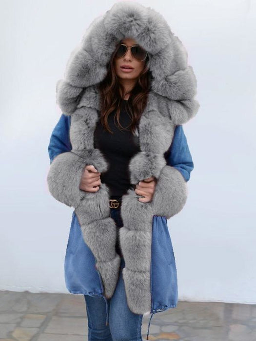 Midnight Blue Hooded Long-length Faux Fur Coats - Gray / S - womens furs & leathers