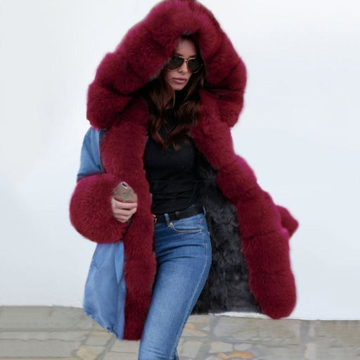 Midnight Blue Hooded Long-length Faux Fur Coats - Burgundy / S - womens furs & leathers