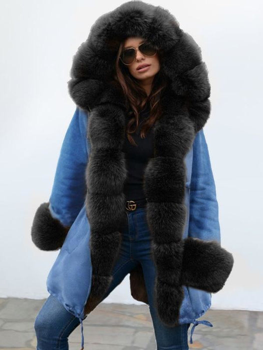 Midnight Blue Hooded Long-length Faux Fur Coats - Black / S - womens furs & leathers