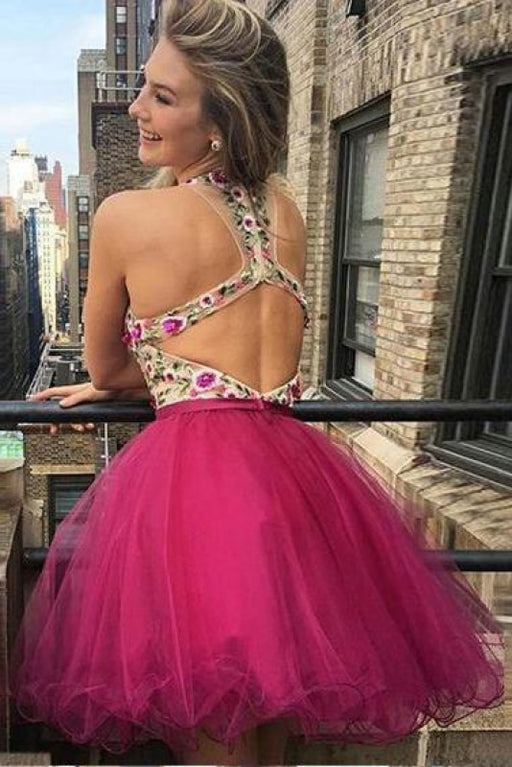 Mini Deep V Neck Sleeveless Tulle Homecoming with Appliques Short Prom Dress - Prom Dresses