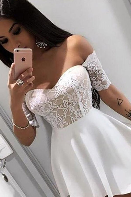 Mini Off Shoulder Sleeves Homecoming with Lace Short Cocktail Dress - Prom Dresses