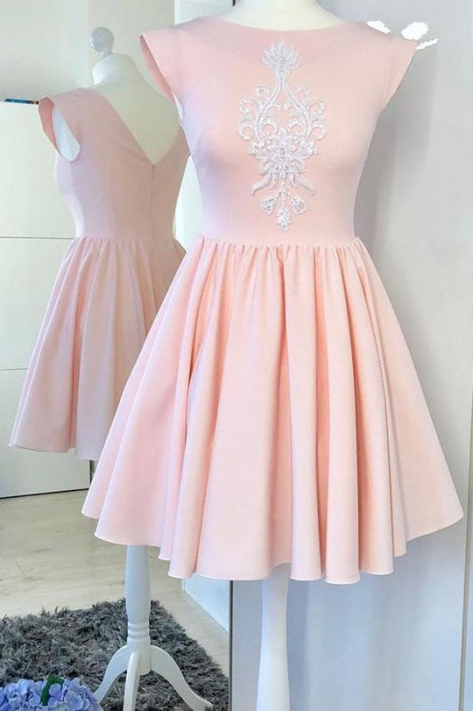 Mini Pink Cap Sleeve Satin Prom with Appliques A Line Ruched Homecoming Dress - Prom Dresses