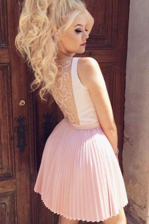 Mini Pink V Neck Sleeveless Ruched Homecoming Pleats Short Prom Dress - Prom Dresses