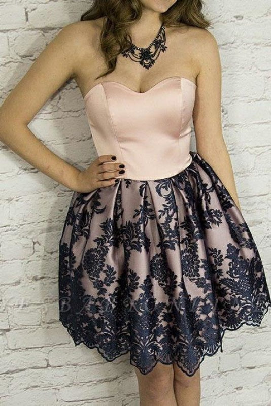 Mini Sweetheart Lace Homecoming Dress A Line Short Strapless Prom Gown - Prom Dresses