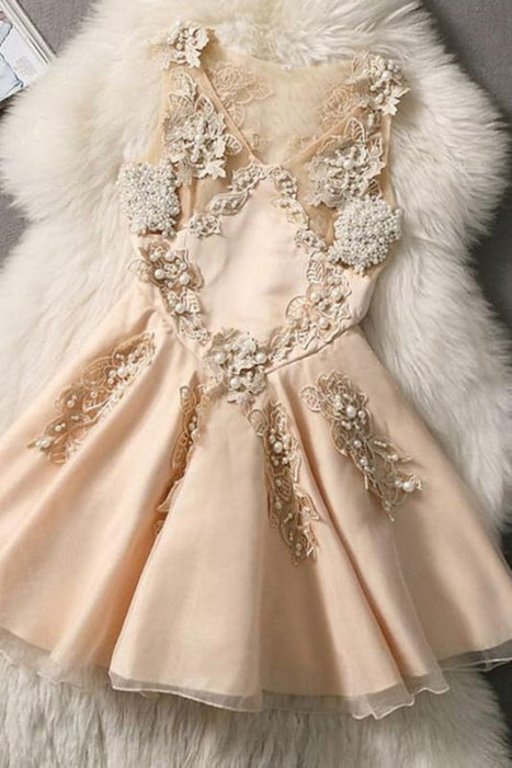 Mini V Neck Homecoming with Pearls Gorgeous Appliques Short Graduation Dress - Prom Dresses