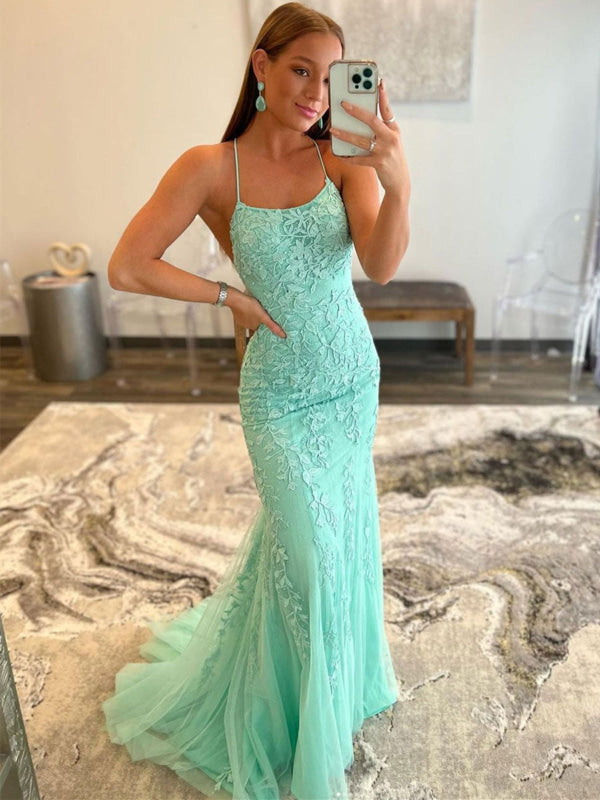 Mint Green Lace Mermaid Backless Long Prom Dresses, Mermaid Mint Green