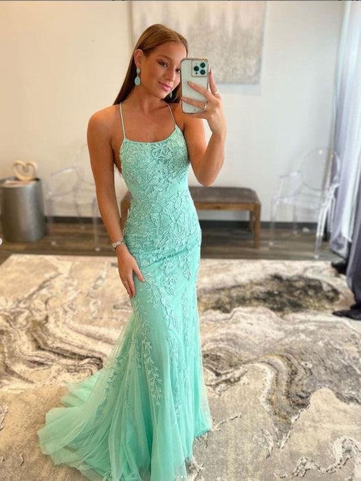 Mint Green Lace Mermaid Backless Long Prom Dresses-Bridelily Mint Green Lace Mermaid Backless Long Prom Dresses-Bridelily