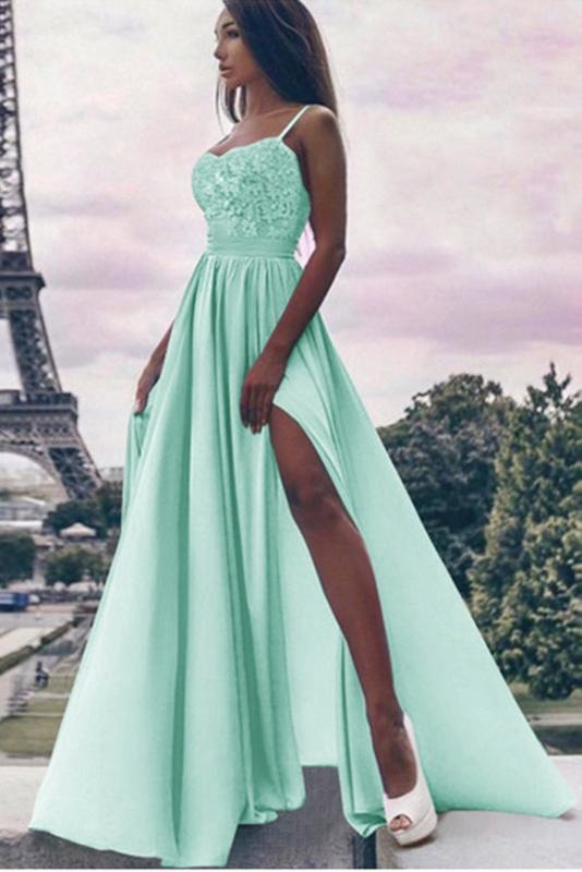 Mint Green Spaghetti Straps Prom Long Split Evening Dress with Lace - Prom Dresses