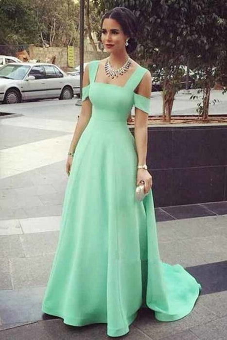 Mint Green Straps Sweep Train Prom Dress Simple A Line Long Evening Dresses - Prom Dresses