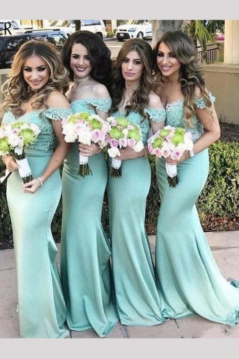 Modern Off the shoulder Mermaid Turquoise Long Bridesmaid Dress - Bridesmaid Dresses