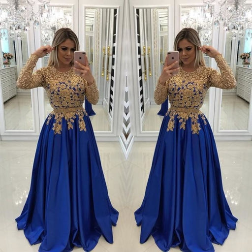 Modern Royal Blue & Gold Lace Evening Dress | Long Sleeve Party Gown - Prom Dresses