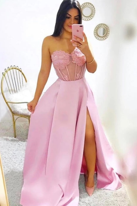Modest A-line Sweetheart Split Long Dresses Fashion Prom Gowns with Appliques - Prom Dresses