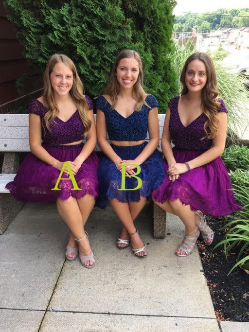 Modest Amazing Purple Beaded Bodice Cap Sleeves Dresses Two Piece Lace Homecoming Dress - Prom Dresses