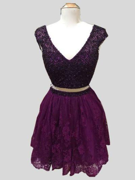 Modest Amazing Purple Beaded Bodice Cap Sleeves Dresses Two Piece Lace Homecoming Dress - Prom Dresses