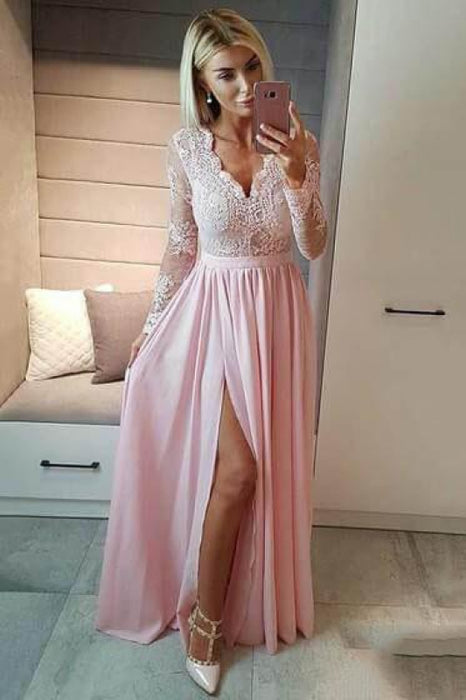 Modest Awesome Affordable Royal Blue V Neck Long Sleeve Prom Floor Length Split Evening Dress with Lace - Prom Dresses