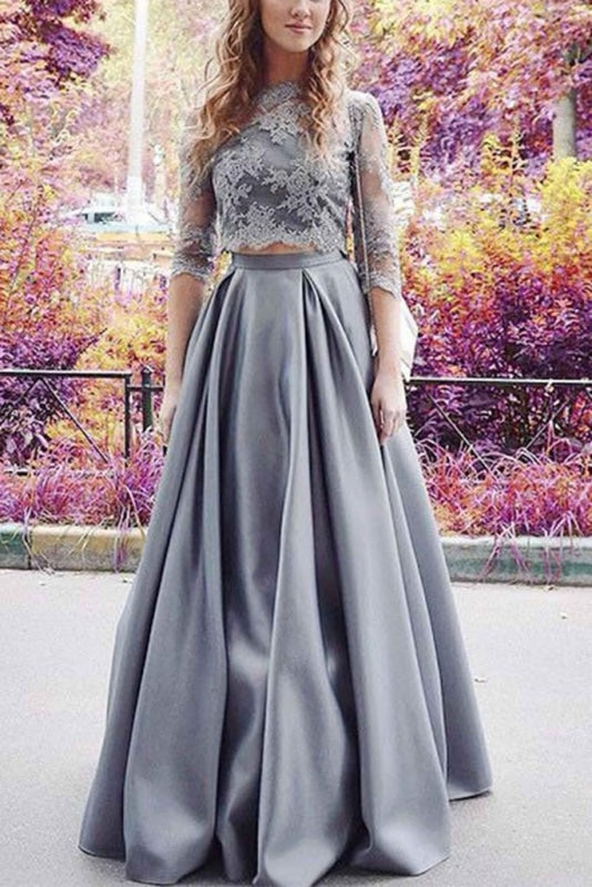 Modest Half Sleeves Two Lace Crop 2 Pieces Sexy Prom Dress - Prom Dresses