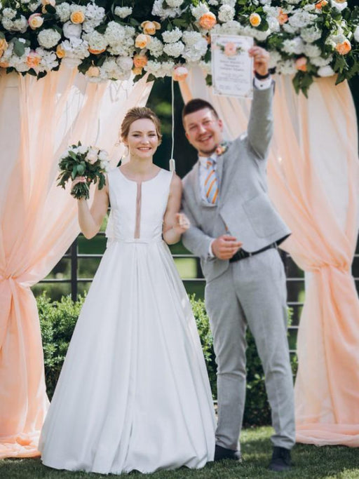 Modest Jewel Open Back Sweep Train A Line Wedding Dresses - wedding dresses