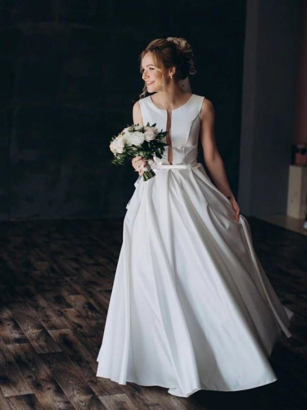 Modest Jewel Open Back Sweep Train A Line Wedding Dresses - wedding dresses