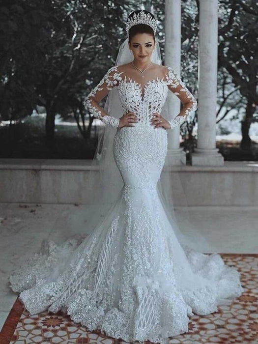 Modest Long Sleeves Lace Appliques Mermaid Wedding Dresses - Beige / Floor Length - wedding dresses
