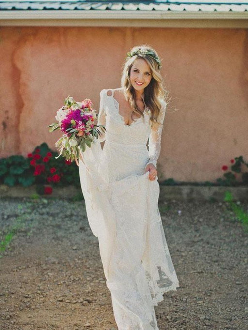 Modest Long Sleeves Lace Illusion Boho Mermaid Wedding Dresses - wedding dresses