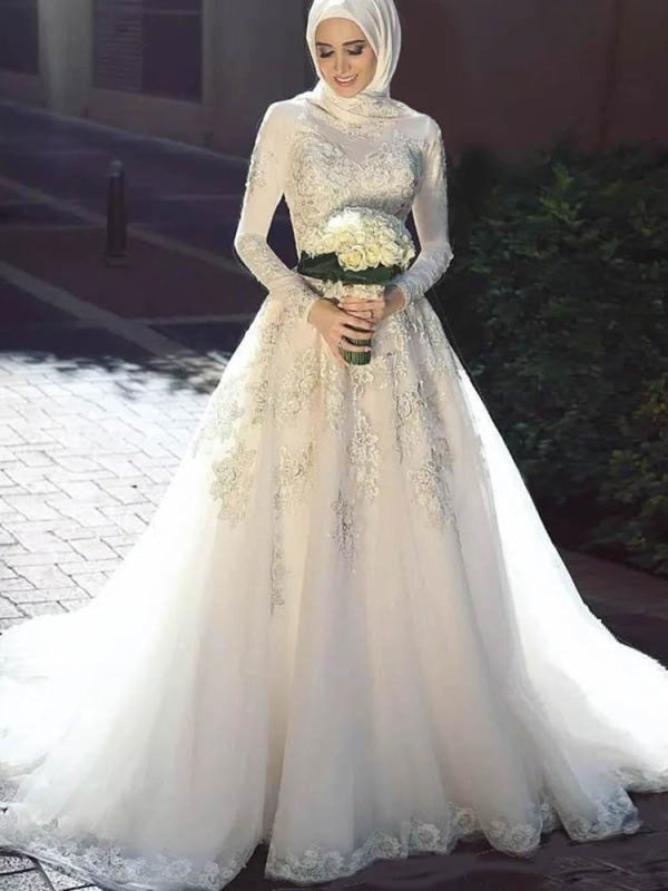 Modest Long Sleeves Lace Tulle Wedding Dresses - wedding dresses