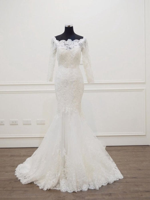 Modest Long Sleeves Sweep Train Lace Mermaid Wedding Dresses - White / Floor Length - wedding dresses