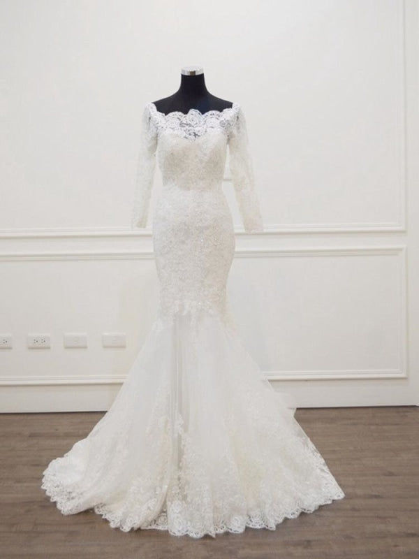 Modest Long Sleeves Sweep Train Lace Mermaid Wedding Dresses - White / Floor Length - wedding dresses